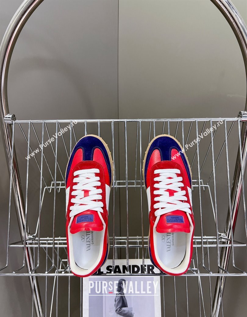 Valentino Upvillage Trainer Sneakers in Calfskin and Suede with Logo Web Red/Blue 2024 (MD-241116025)