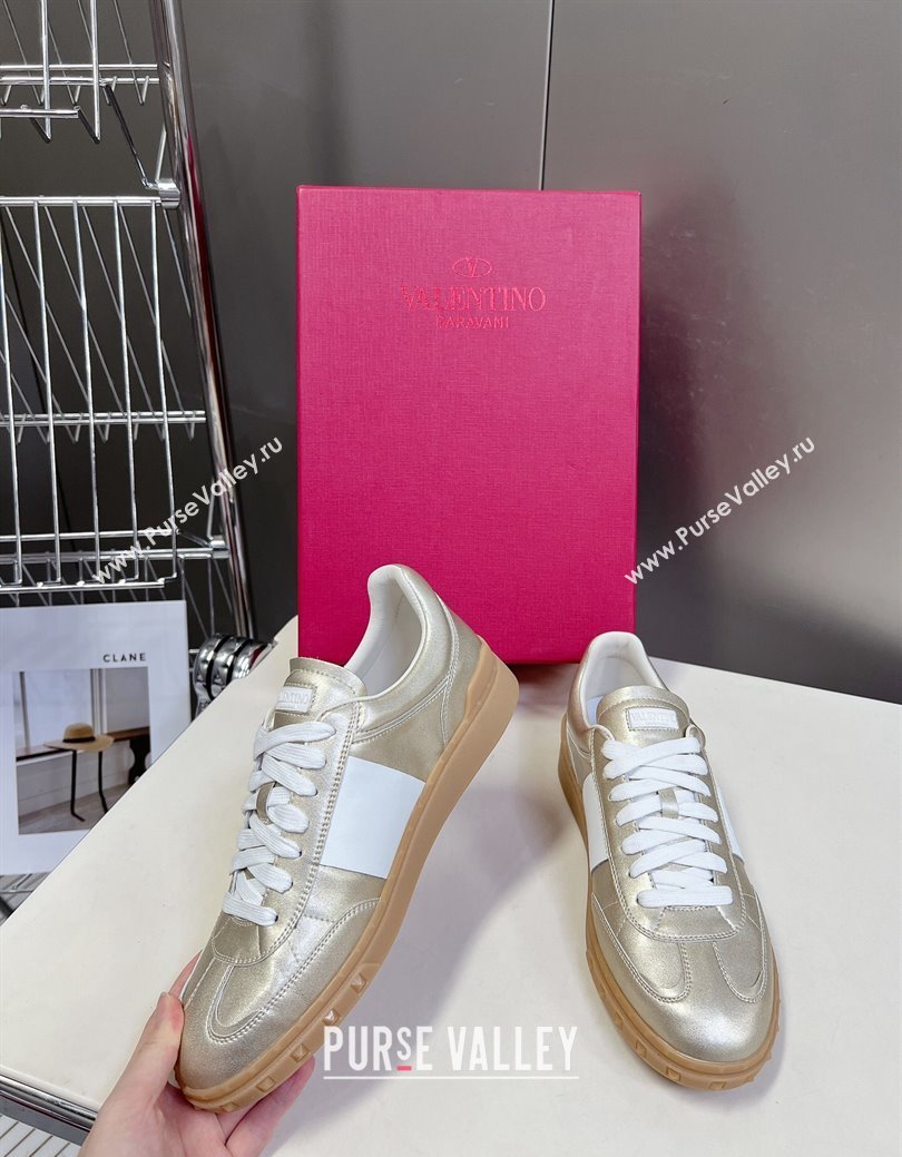 Valentino Upvillage Trainer Sneakers in Calfskin Leather with Logo Web Light Gold 2024 (MD-241116029)