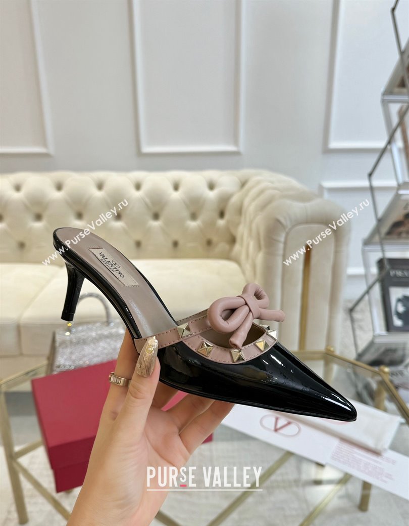 Valentino Rockstud Mules 6cm with Bow in Patent Calfskin Black/Pink 2024 0328 (MD-241118033)