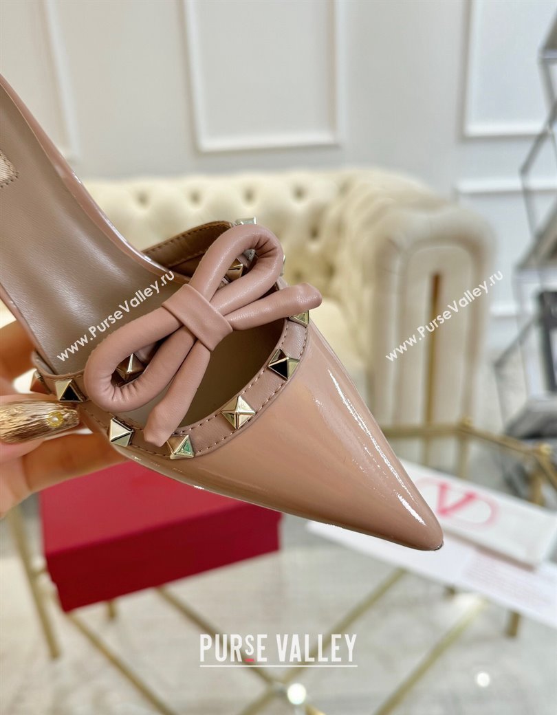 Valentino Rockstud Mules 6cm with Bow in Patent Calfskin Dusty Pink 2024 0328 (MD-241118034)