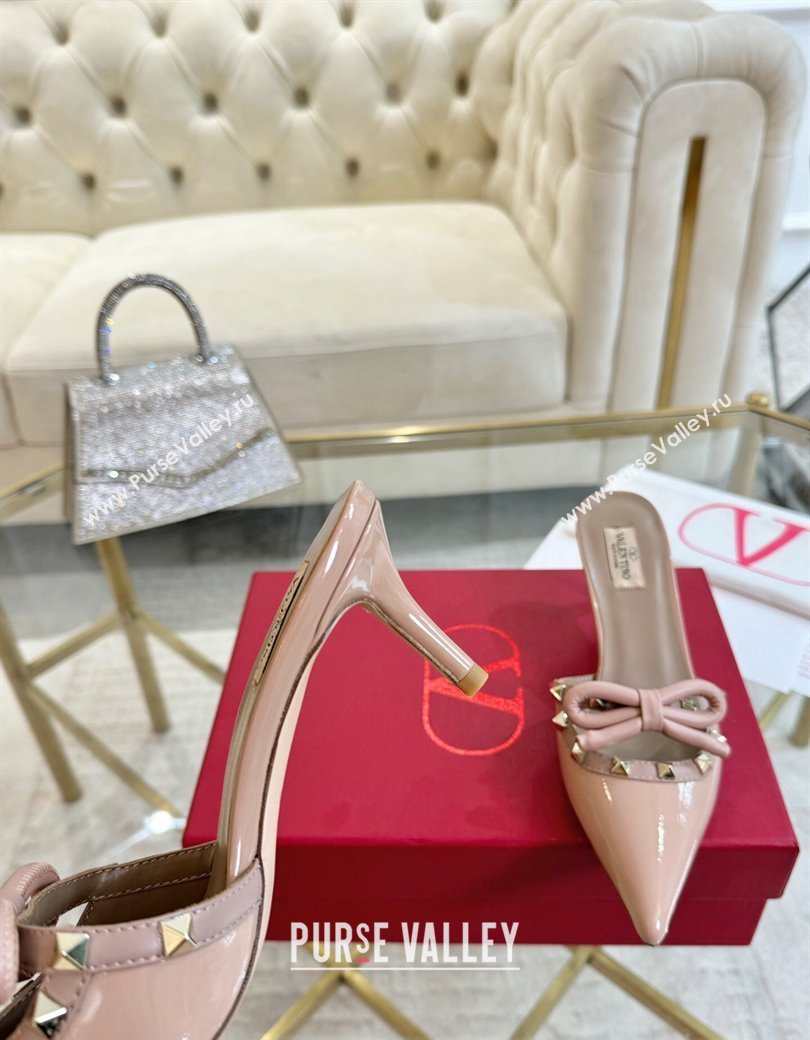 Valentino Rockstud Mules 6cm with Bow in Patent Calfskin Dusty Pink 2024 0328 (MD-241118034)