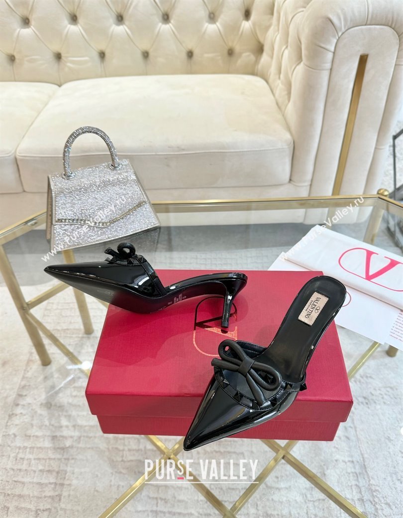 Valentino Rockstud Mules 6cm with Bow in Patent Calfskin Black2 2024 0328 (MD-241118035)