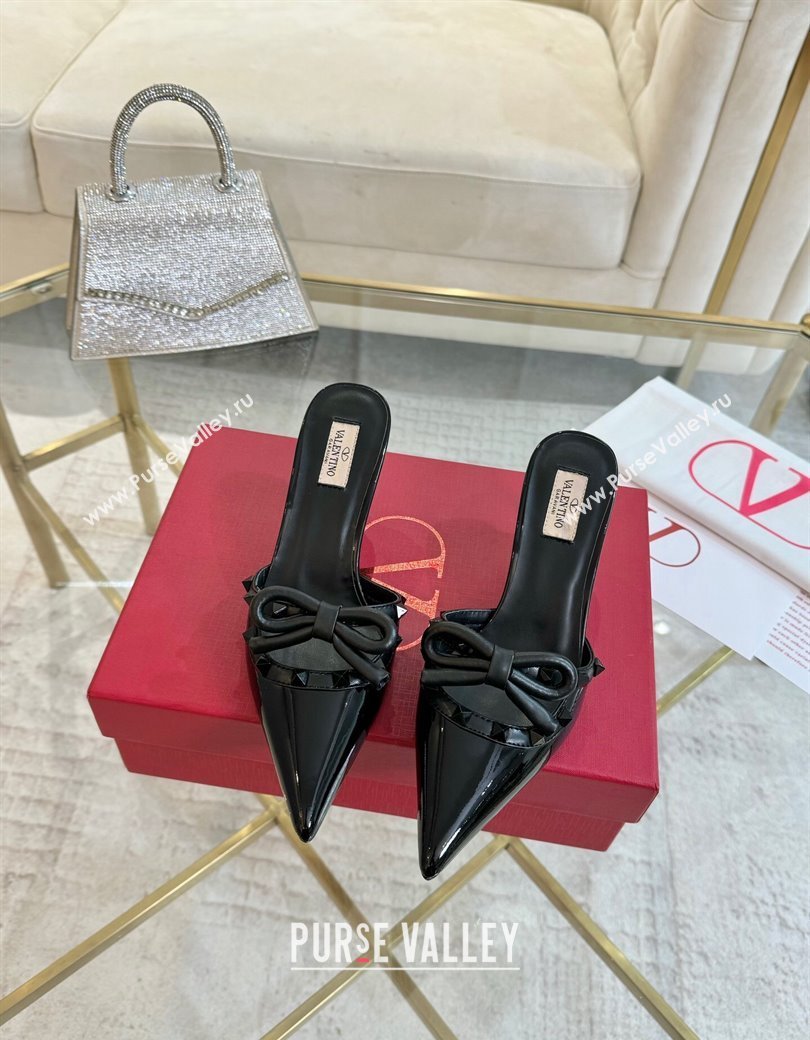 Valentino Rockstud Mules 6cm with Bow in Patent Calfskin Black2 2024 0328 (MD-241118035)