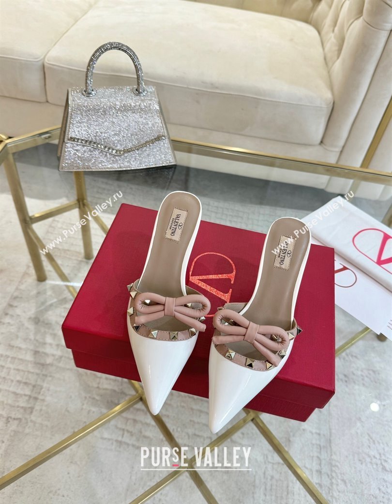 Valentino Rockstud Mules 6cm with Bow in Patent Calfskin White 2024 0328 (MD-241118036)