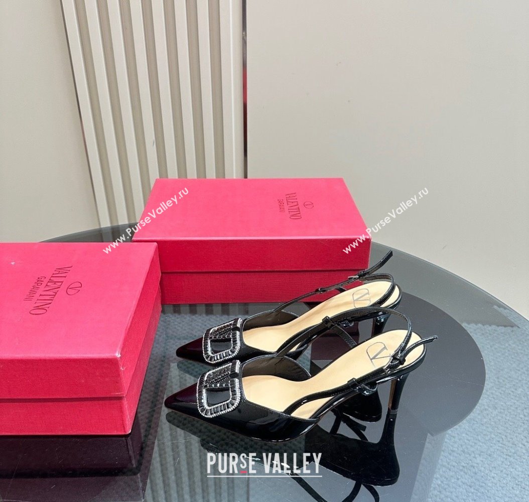 Valentino Strass VLogo Satin Slingback Pumps 8cm in Patent Leather Black 2024 VLTN111803 (MD-241118039)