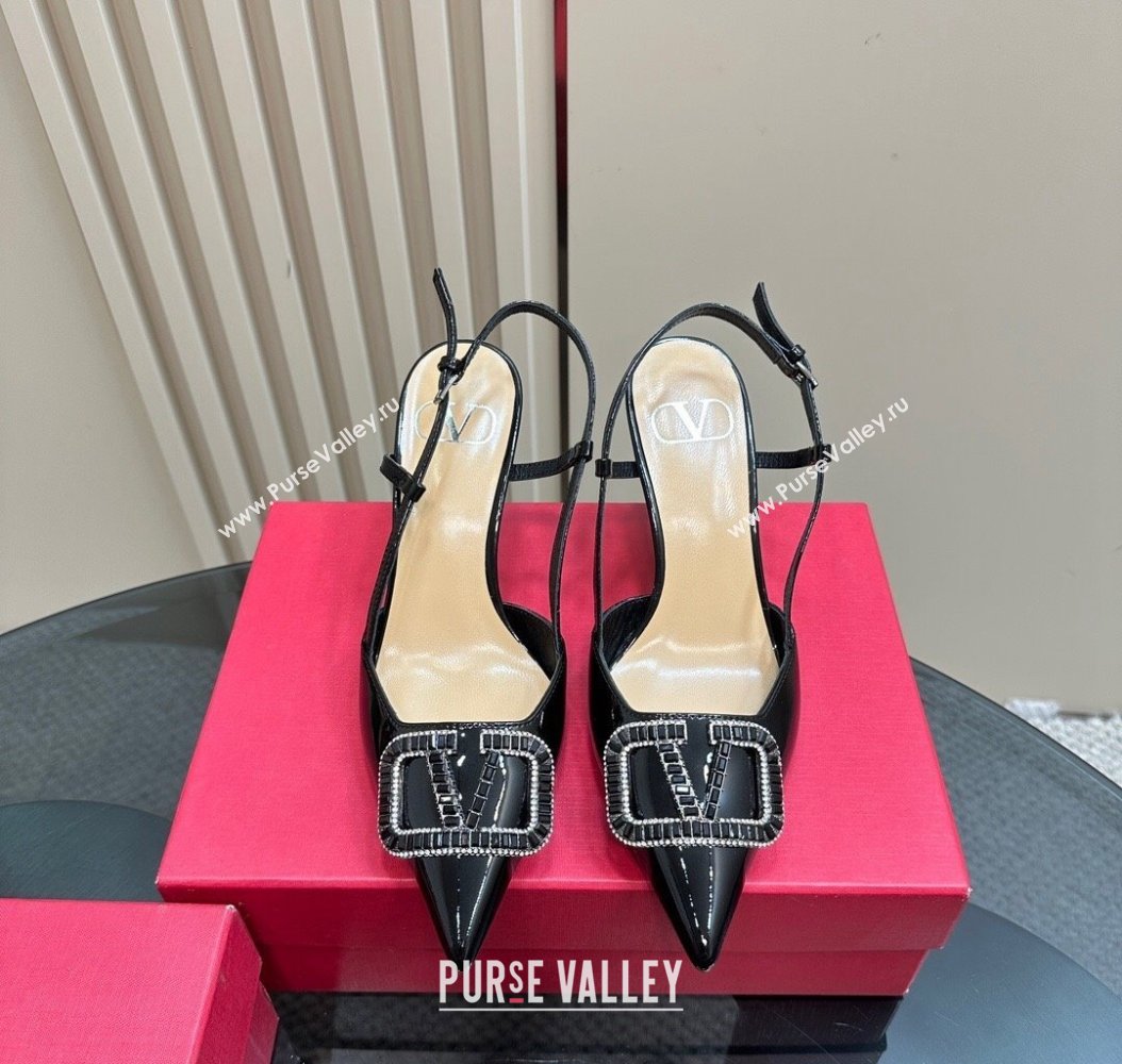 Valentino Strass VLogo Satin Slingback Pumps 8cm in Patent Leather Black 2024 VLTN111803 (MD-241118039)