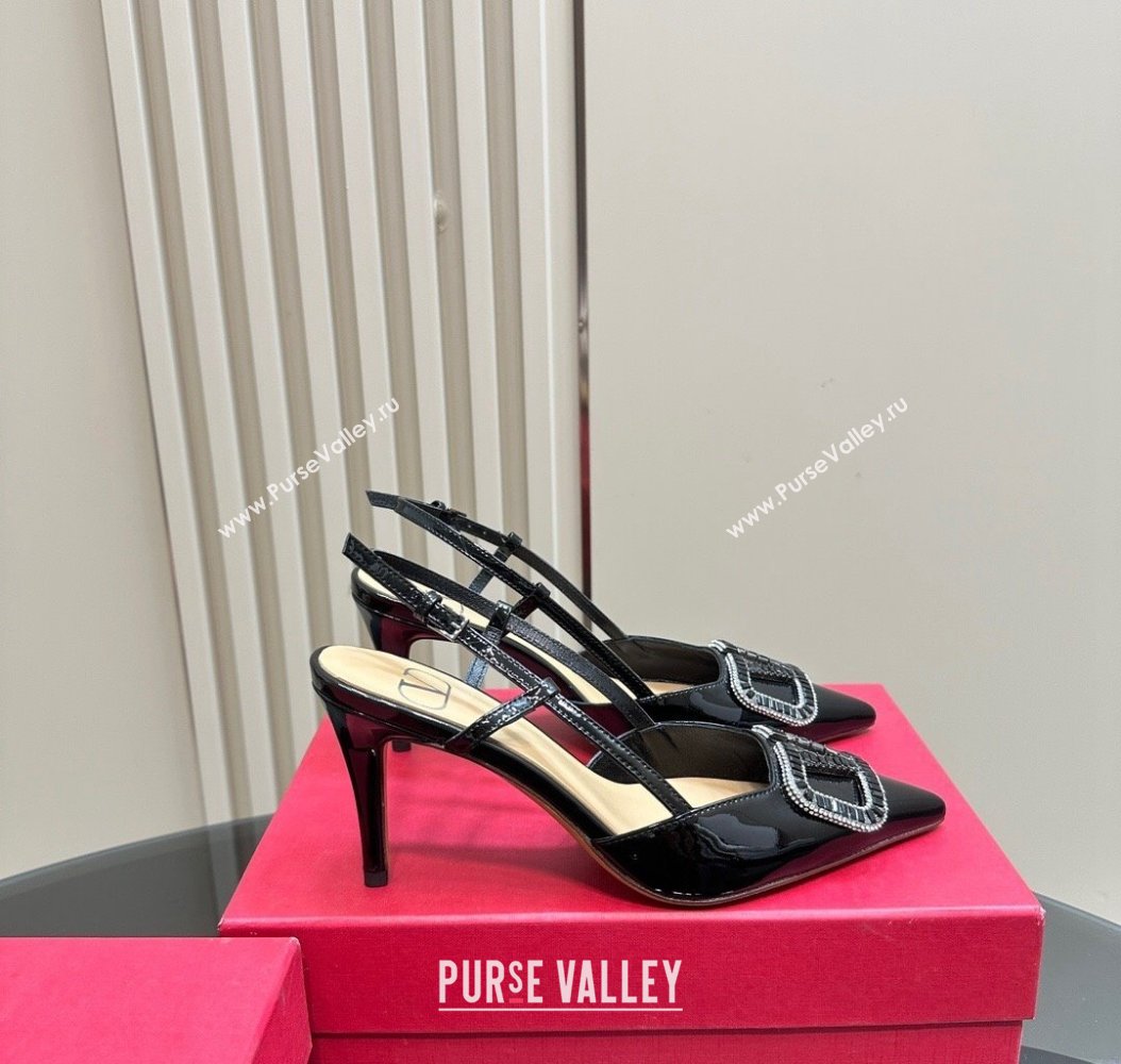 Valentino Strass VLogo Satin Slingback Pumps 8cm in Patent Leather Black 2024 VLTN111803 (MD-241118039)