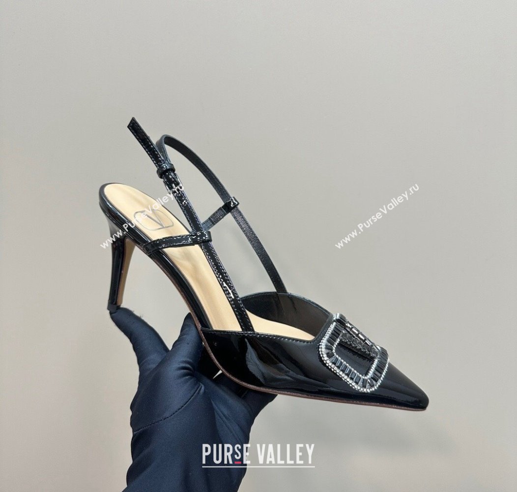 Valentino Strass VLogo Satin Slingback Pumps 8cm in Patent Leather Black 2024 VLTN111803 (MD-241118039)