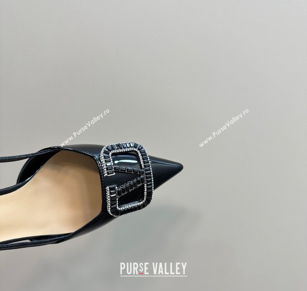 Valentino Strass VLogo Satin Slingback Pumps 8cm in Patent Leather Black 2024 VLTN111803 (MD-241118039)