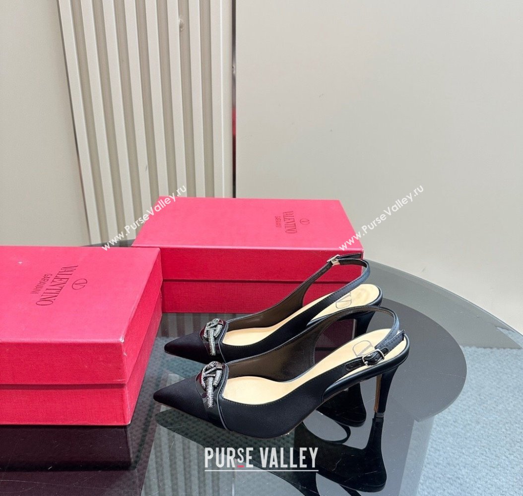 Valentino The Bold Edition VLogo Satin Slingback Pumps 8cm with Strass Black 2024 VLTN111803 (MD-241118023)