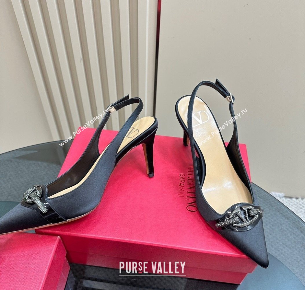 Valentino The Bold Edition VLogo Satin Slingback Pumps 8cm with Strass Black 2024 VLTN111803 (MD-241118023)