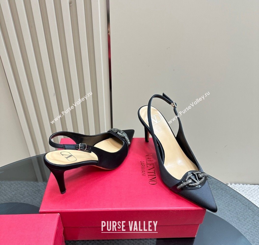 Valentino The Bold Edition VLogo Satin Slingback Pumps 8cm with Strass Black 2024 VLTN111803 (MD-241118023)