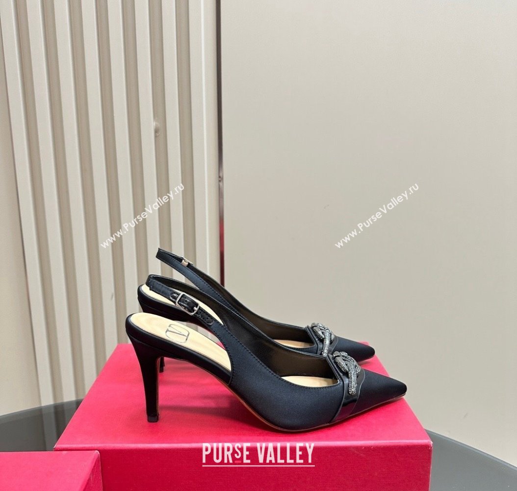 Valentino The Bold Edition VLogo Satin Slingback Pumps 8cm with Strass Black 2024 VLTN111803 (MD-241118023)