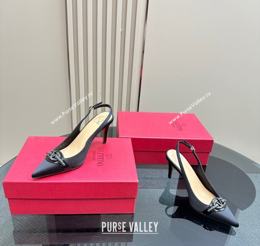 Valentino The Bold Edition VLogo Satin Slingback Pumps 8cm with Strass Black 2024 VLTN111803 (MD-241118023)