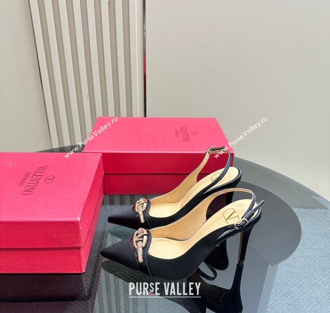 Valentino The Bold Edition VLogo Satin Slingback Pumps 10cm with Strass Black 2024 VLTN111803 (MD-241118019)