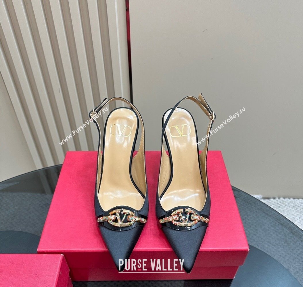 Valentino The Bold Edition VLogo Satin Slingback Pumps 10cm with Strass Black 2024 VLTN111803 (MD-241118019)