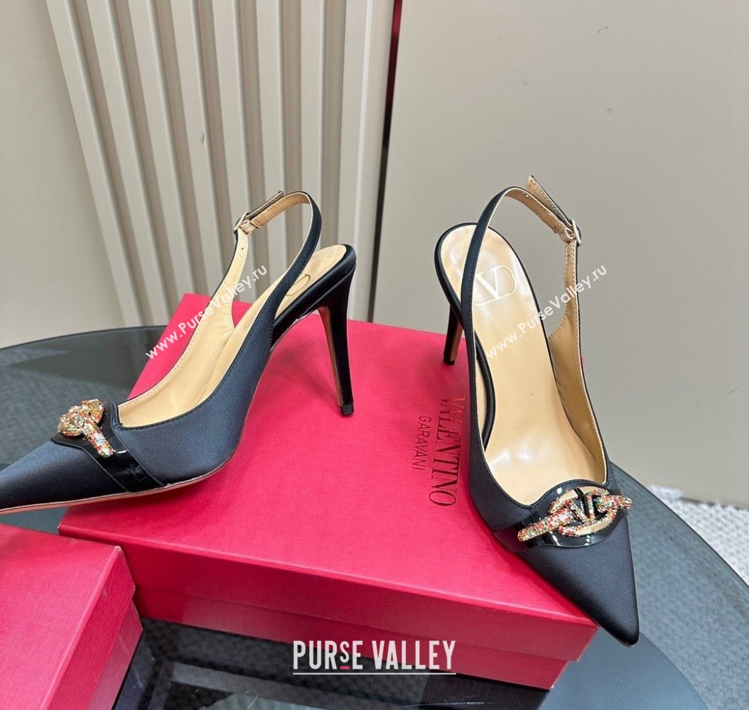 Valentino The Bold Edition VLogo Satin Slingback Pumps 10cm with Strass Black 2024 VLTN111803 (MD-241118019)