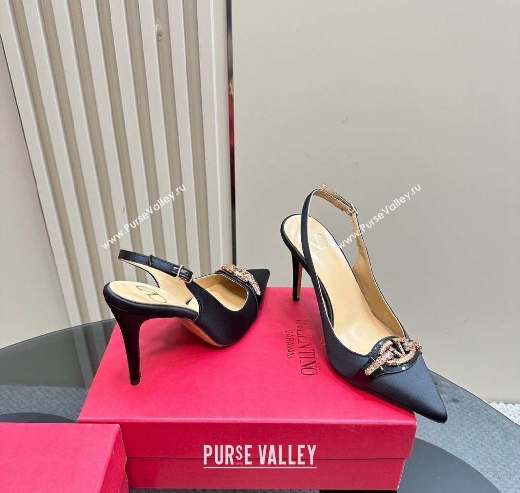 Valentino The Bold Edition VLogo Satin Slingback Pumps 10cm with Strass Black 2024 VLTN111803 (MD-241118019)