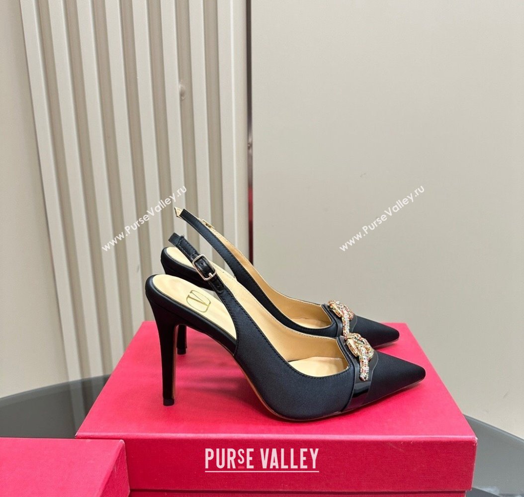 Valentino The Bold Edition VLogo Satin Slingback Pumps 10cm with Strass Black 2024 VLTN111803 (MD-241118019)