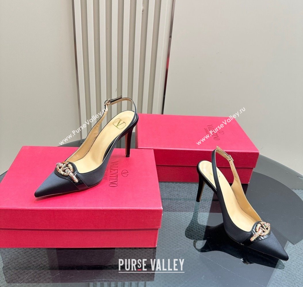 Valentino The Bold Edition VLogo Satin Slingback Pumps 10cm with Strass Black 2024 VLTN111803 (MD-241118019)