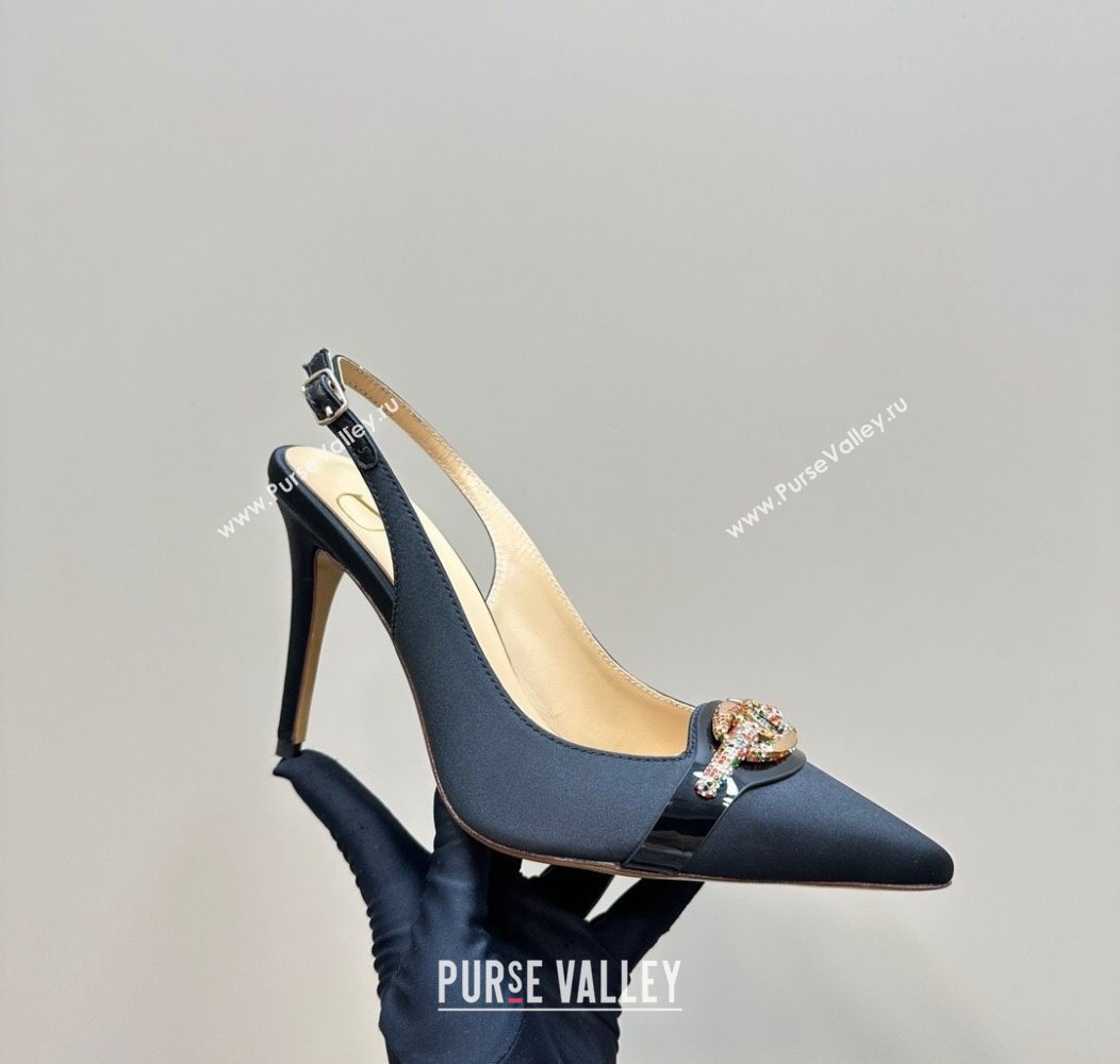 Valentino The Bold Edition VLogo Satin Slingback Pumps 10cm with Strass Black 2024 VLTN111803 (MD-241118019)