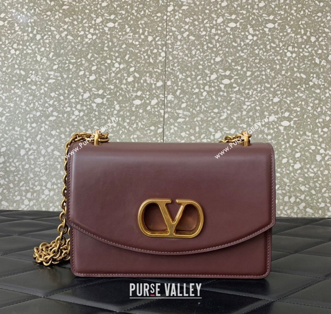 Valentino Vain shoulder bag in shiny calfskin with metallic VLogo Signature Dark Brown 2024 2016 (LN-241214002)