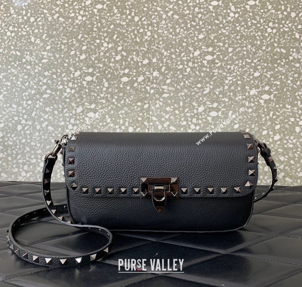 Valentino Rockstud crossbody bag in grainy calfskin with iconic hook Black/Silver 2024 5070 (LN-241214013)