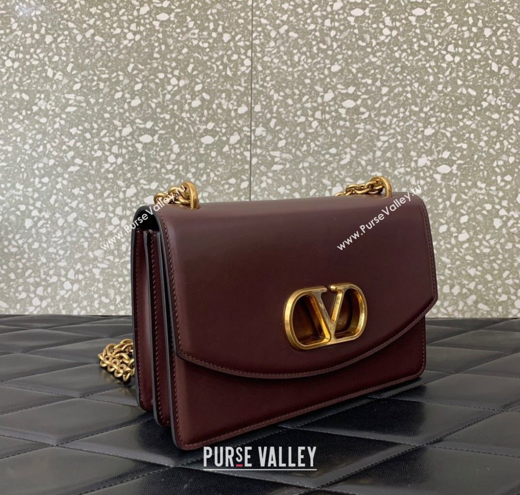 Valentino Vain shoulder bag in shiny calfskin with metallic VLogo Signature Dark Brown 2024 2016 (LN-241214002)