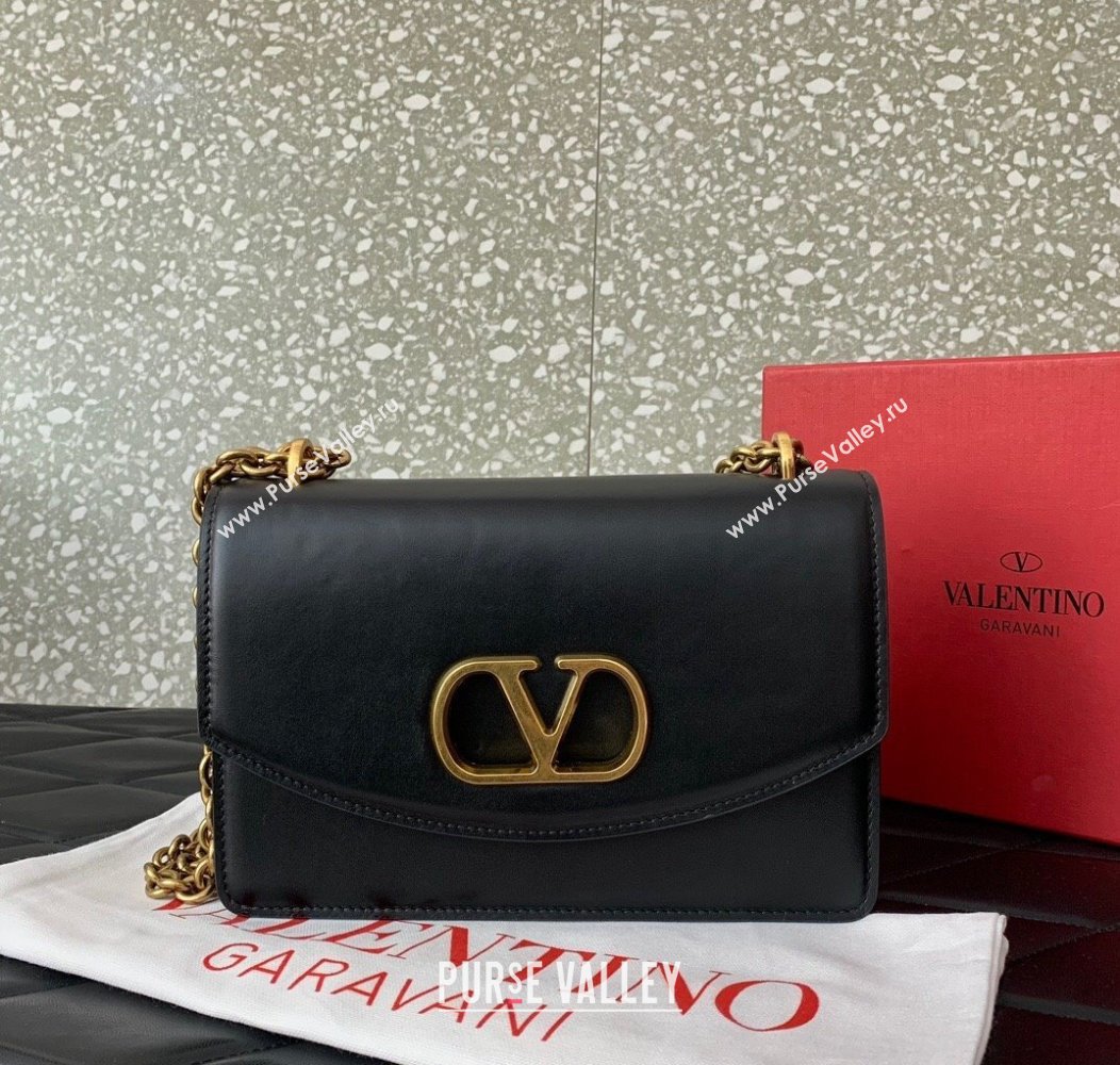 Valentino Vain shoulder bag in shiny calfskin with metallic VLogo Signature Black 2024 2016 (LN-241214003)