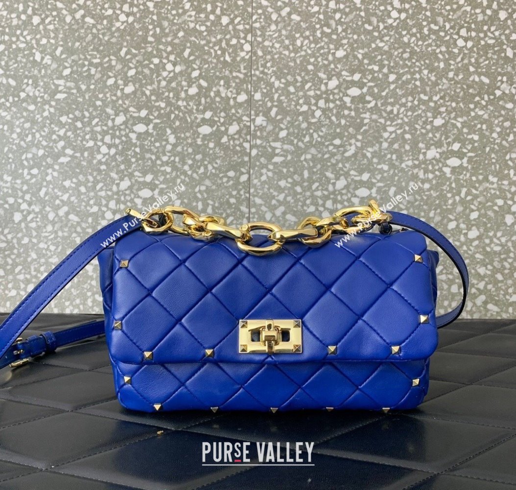 Valentino Rockstud Spike Shoulder bag in patchwork nappa leather with studs Blue 2024 5048 (LN-241214007)