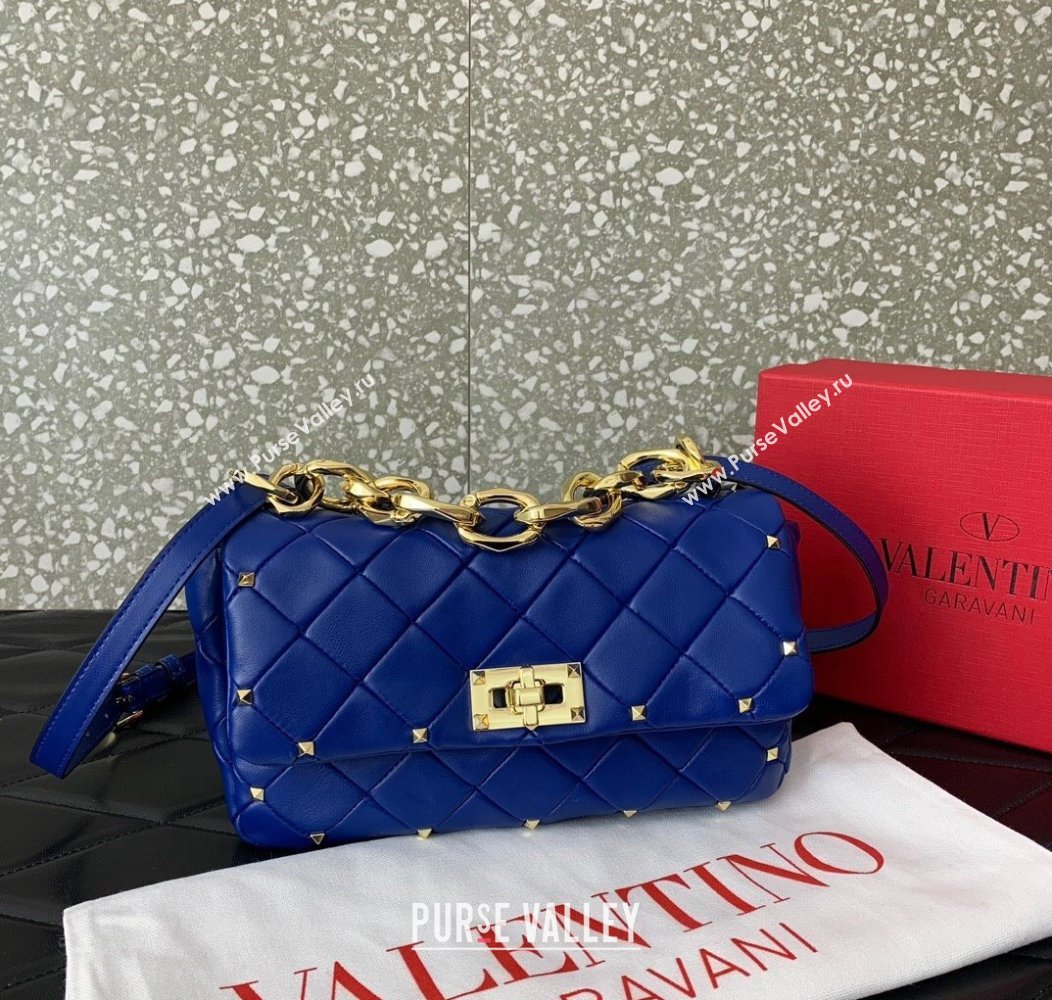 Valentino Rockstud Spike Shoulder bag in patchwork nappa leather with studs Blue 2024 5048 (LN-241214007)