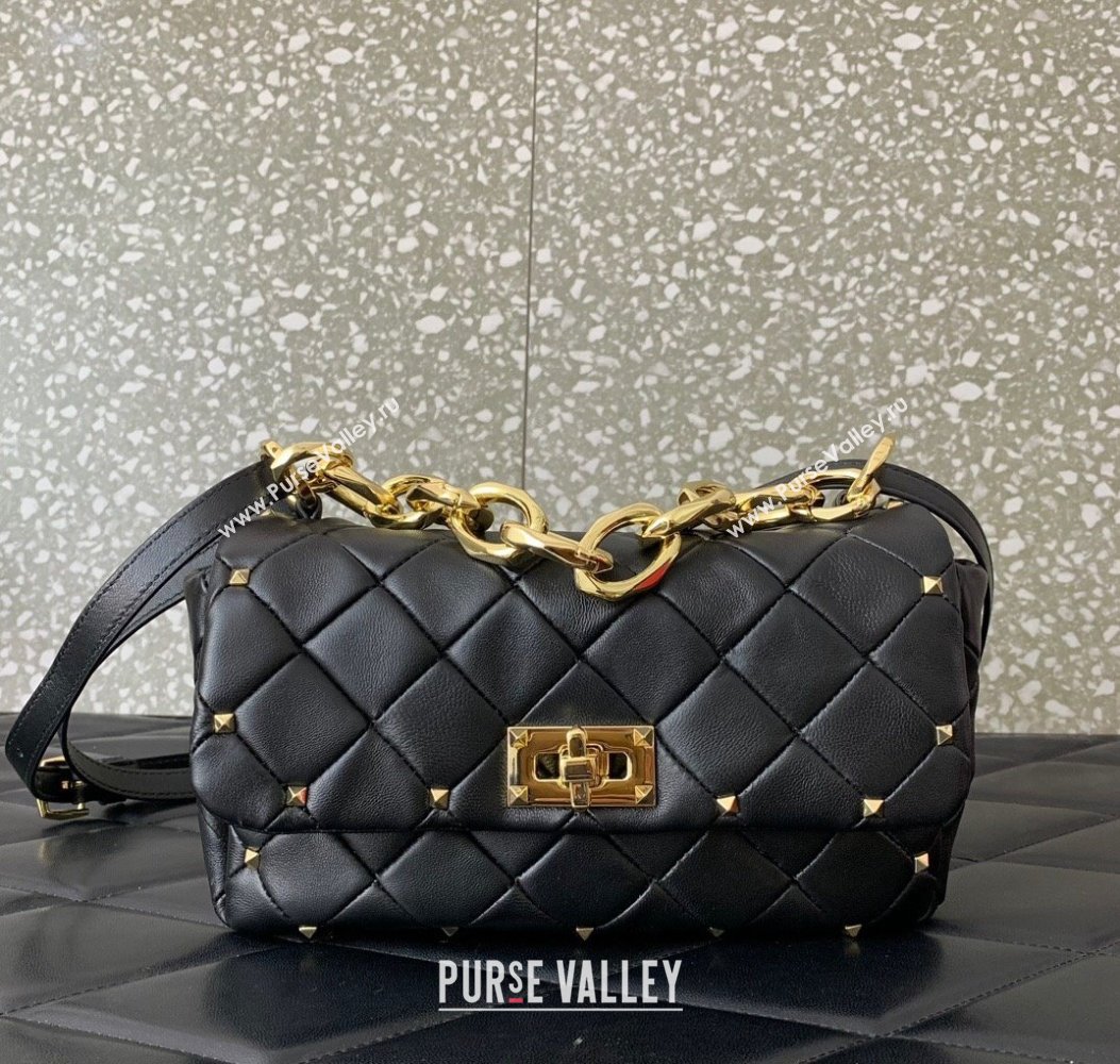 Valentino Rockstud Spike Shoulder bag in patchwork nappa leather with studs Black 2024 5048 (LN-241214008)