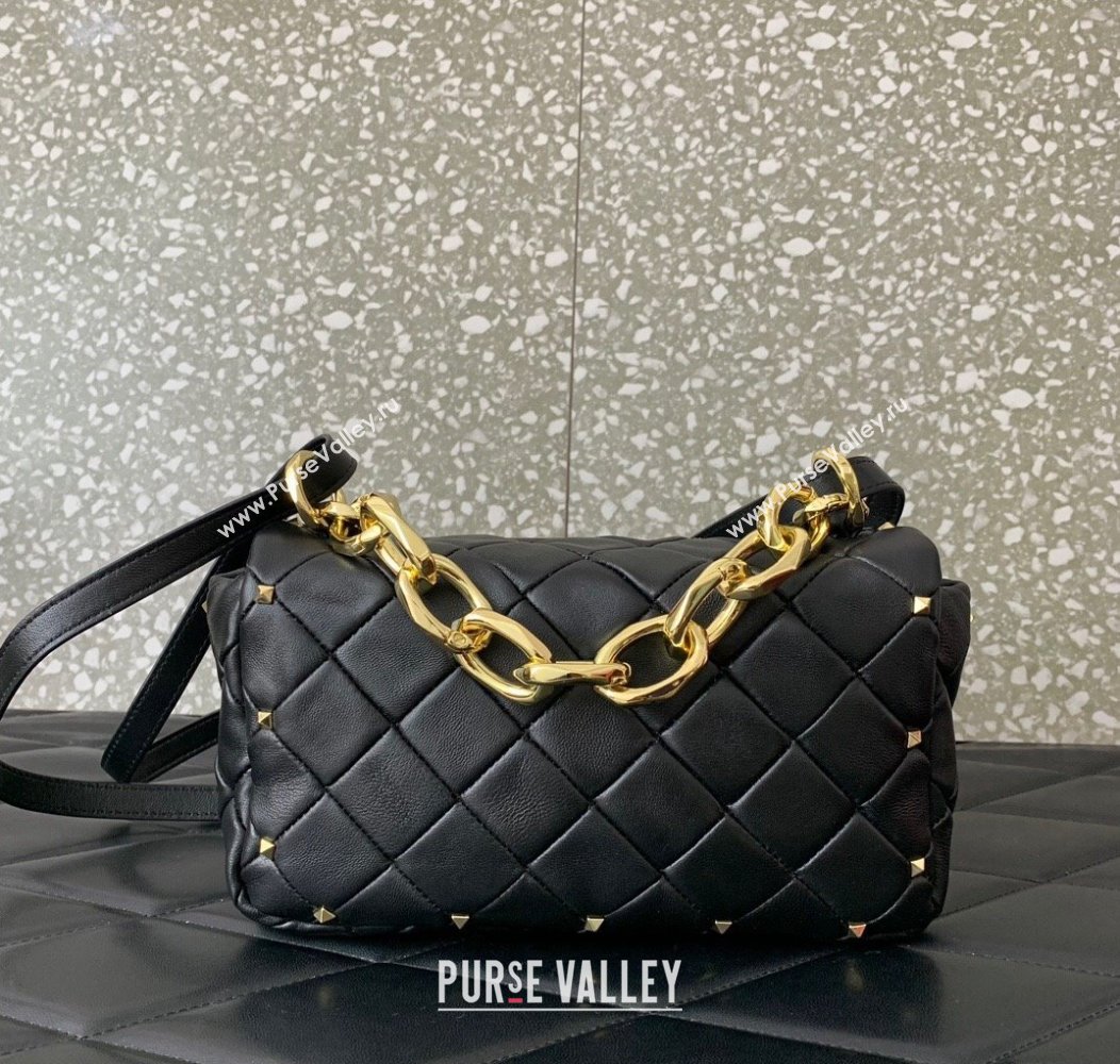 Valentino Rockstud Spike Shoulder bag in patchwork nappa leather with studs Black 2024 5048 (LN-241214008)