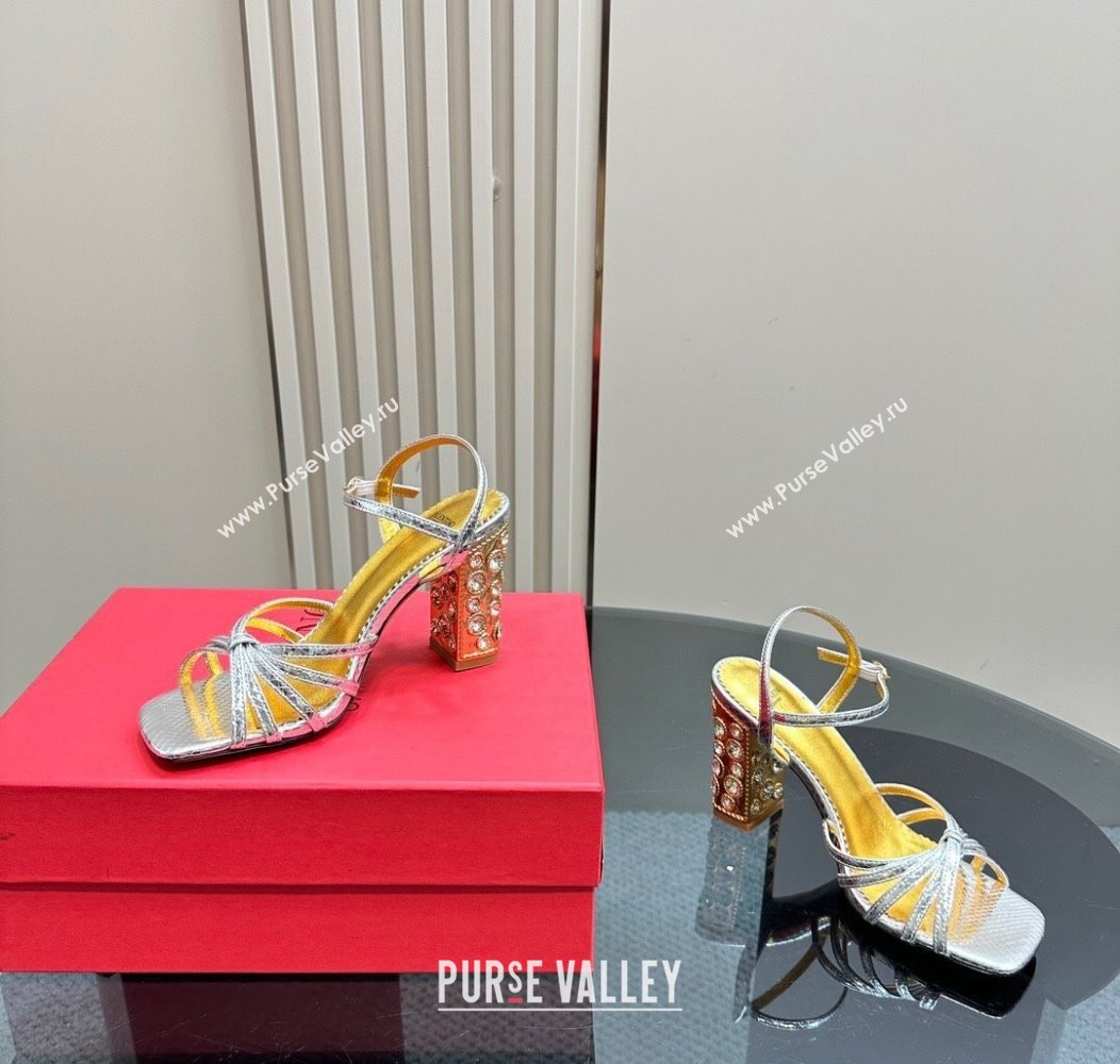 Valentino Preshoes Heel Sandals 10cm in Laminated Snakeskin Embossed Leather with Strass Silver 2024 (MD-241226043)