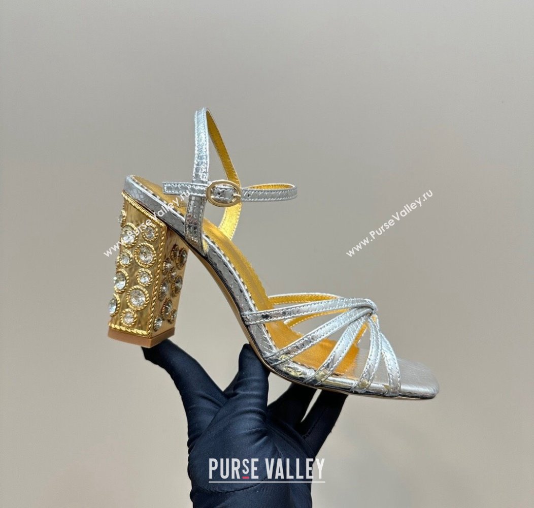 Valentino Preshoes Heel Sandals 10cm in Laminated Snakeskin Embossed Leather with Strass Silver 2024 (MD-241226043)