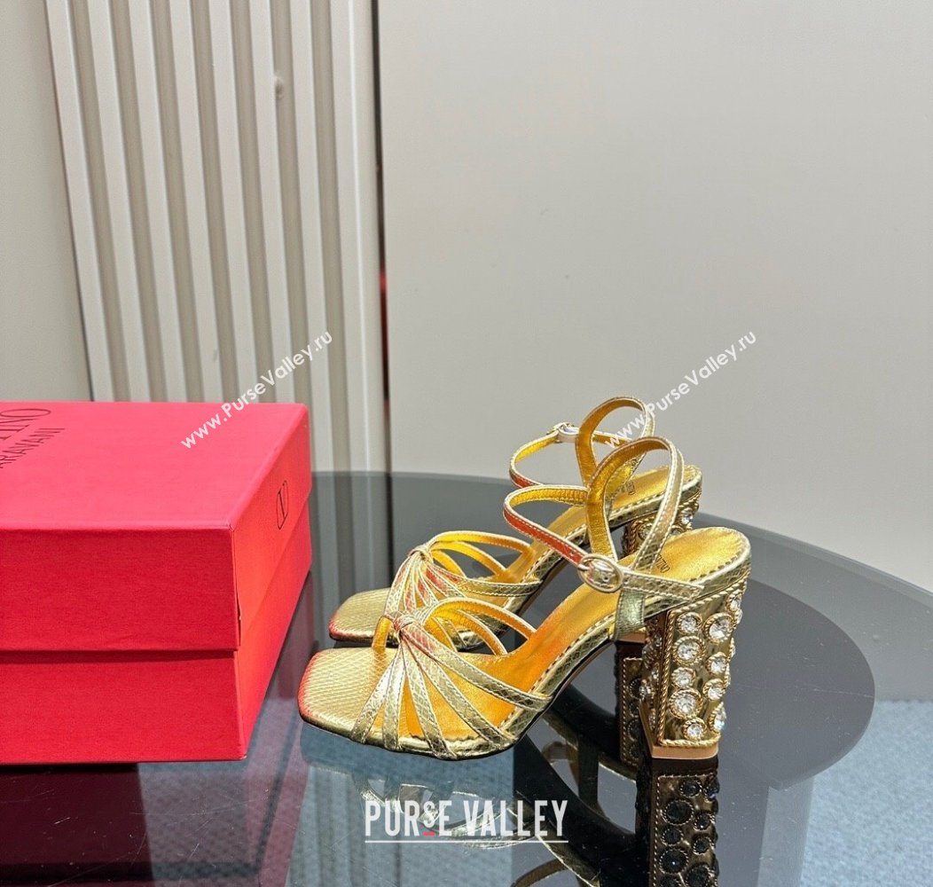 Valentino Preshoes Heel Sandals 10cm in Laminated Snakeskin Embossed Leather with Strass Gold 2024 (MD-241226042)