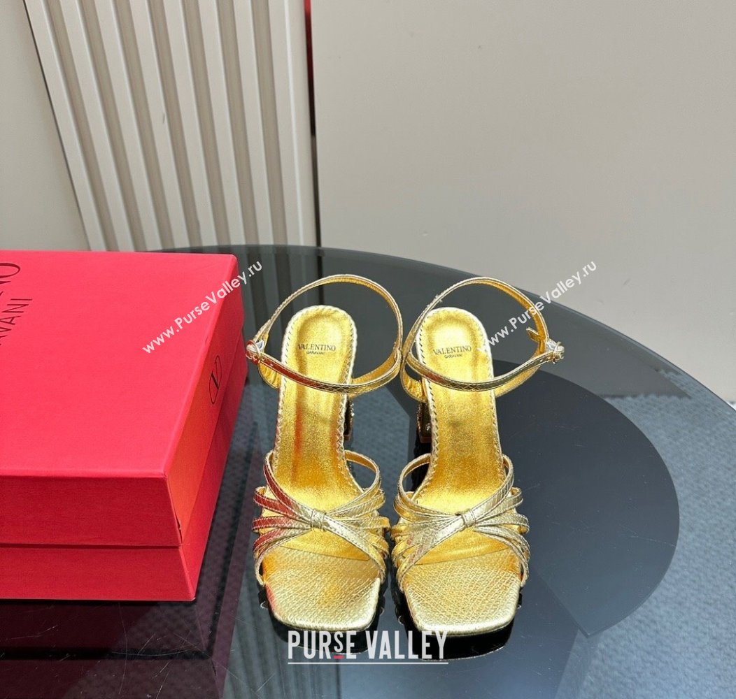 Valentino Preshoes Heel Sandals 10cm in Laminated Snakeskin Embossed Leather with Strass Gold 2024 (MD-241226042)