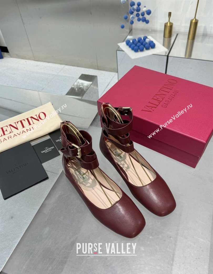 Valentino Calfskin Ballerina Flats with Ankle Strap Burgundy 2024 1226 (XL-241226001)