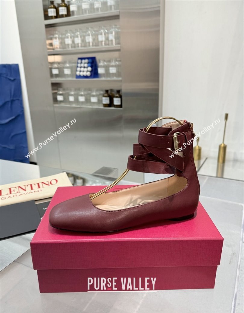 Valentino Calfskin Ballerina Flats with Ankle Strap Burgundy 2024 1226 (XL-241226001)