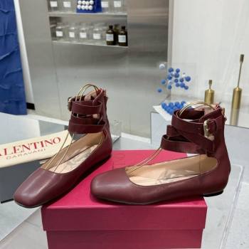 Valentino Calfskin Ballerina Flats with Ankle Strap Burgundy 2024 1226 (XL-241226001)