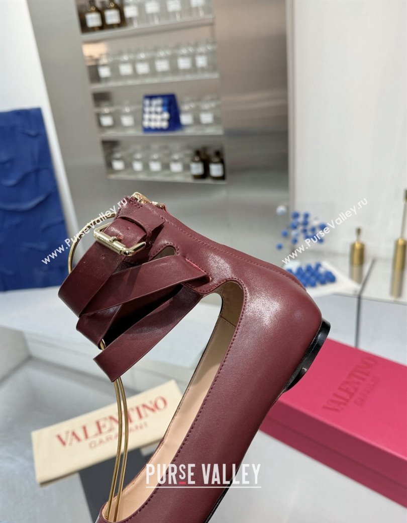 Valentino Calfskin Ballerina Flats with Ankle Strap Burgundy 2024 1226 (XL-241226001)