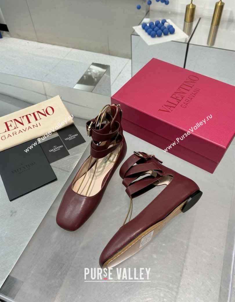 Valentino Calfskin Ballerina Flats with Ankle Strap Burgundy 2024 1226 (XL-241226001)