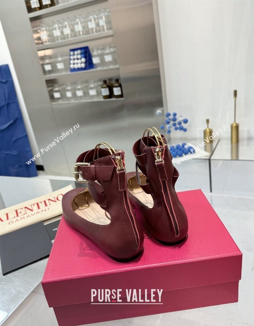 Valentino Calfskin Ballerina Flats with Ankle Strap Burgundy 2024 1226 (XL-241226001)