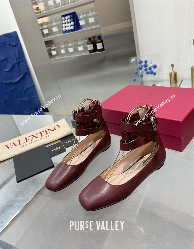 Valentino Calfskin Ballerina Flats with Ankle Strap Burgundy 2024 1226 (XL-241226001)