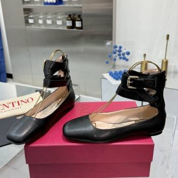 Valentino Calfskin Ballerina Flats with Ankle Strap Black 2024 1226 (XL-241226002)