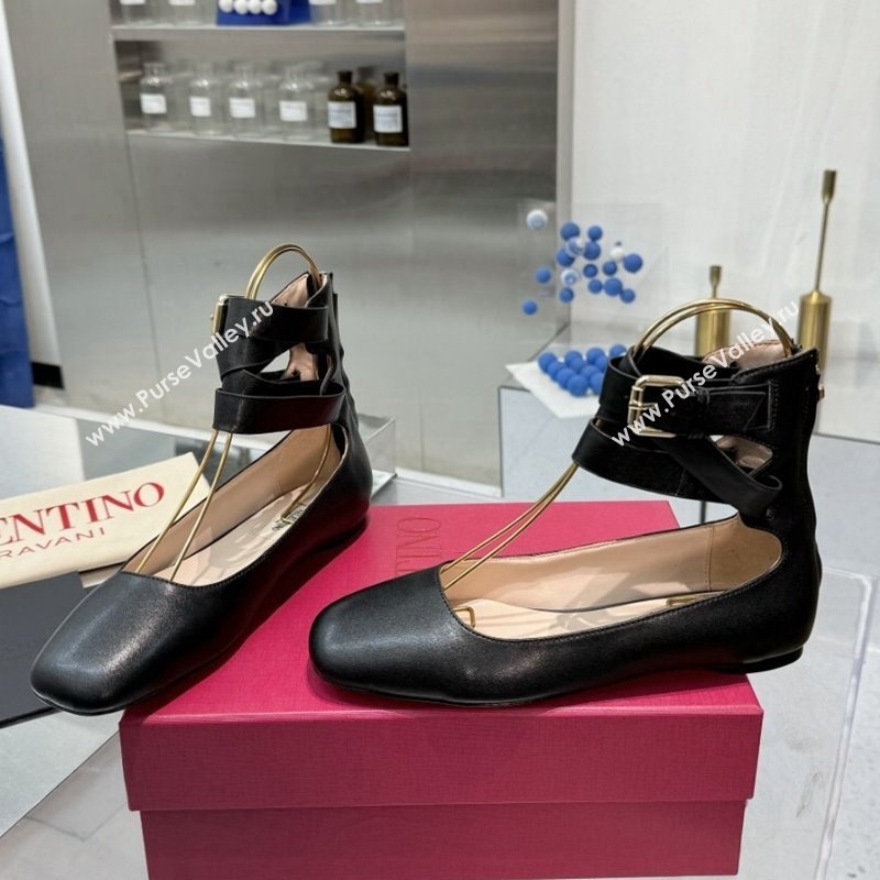 Valentino Calfskin Ballerina Flats with Ankle Strap Black 2024 1226 (XL-241226002)