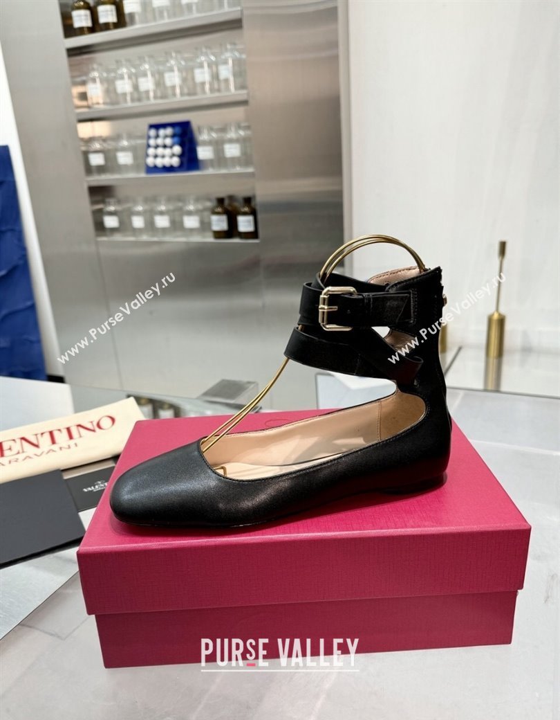 Valentino Calfskin Ballerina Flats with Ankle Strap Black 2024 1226 (XL-241226002)