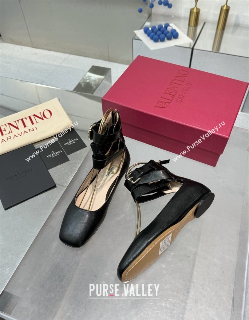 Valentino Calfskin Ballerina Flats with Ankle Strap Black 2024 1226 (XL-241226002)