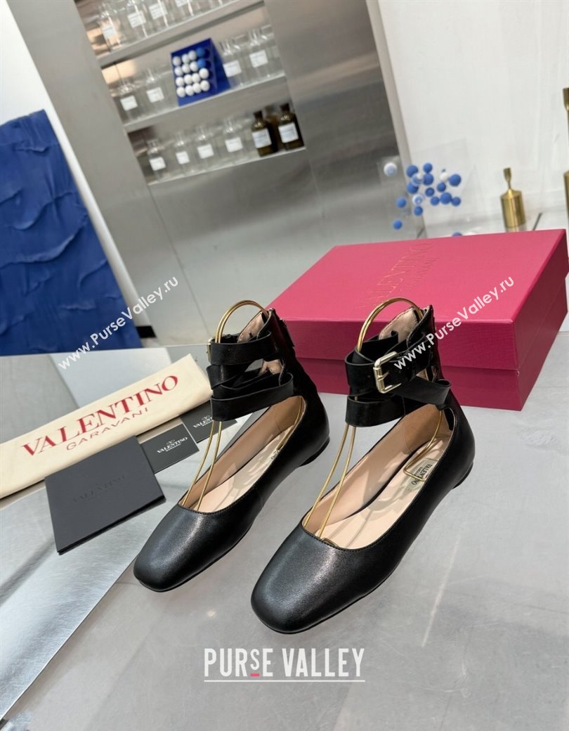 Valentino Calfskin Ballerina Flats with Ankle Strap Black 2024 1226 (XL-241226002)