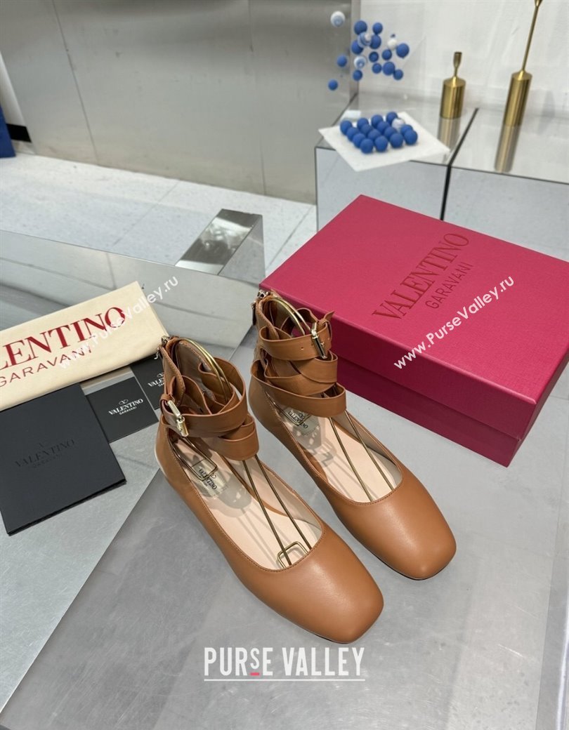 Valentino Calfskin Ballerina Flats with Ankle Strap Brown 2024 1226 (XL-241226003)